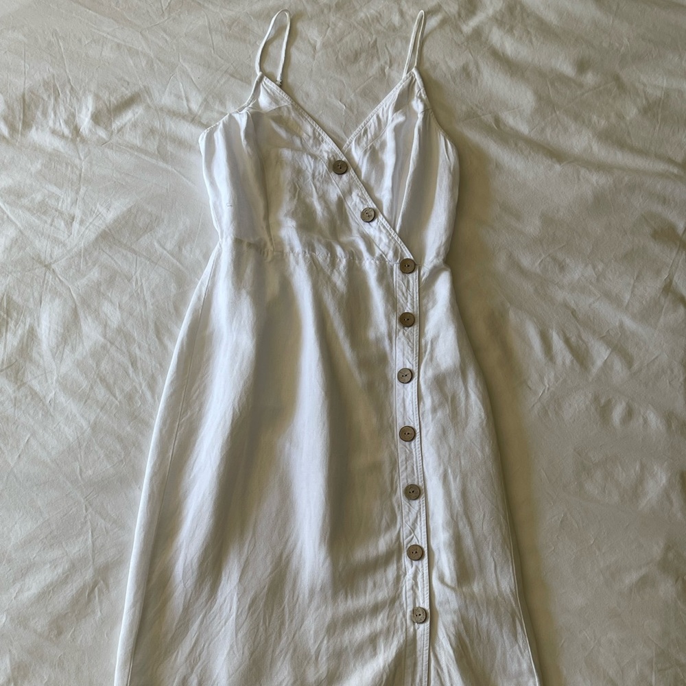 Express Asymmetrical Button Front Midi Dress | Small | White | Linen Blend